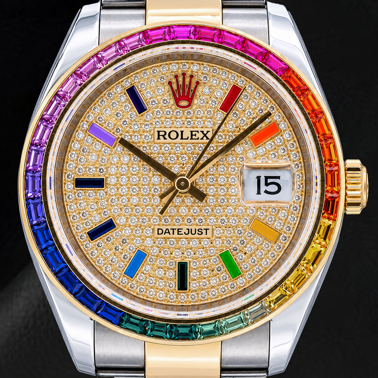 Rolex Datejust 116203 36mm Diamond Paved Rainbow Eastern Arabic Dial Two Tone Watch