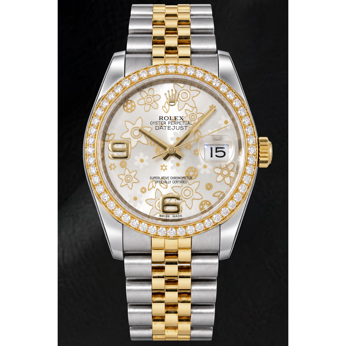 Rolex Datejust 116243 36mm Silver Floral Arabic Dial Two Tone Watch