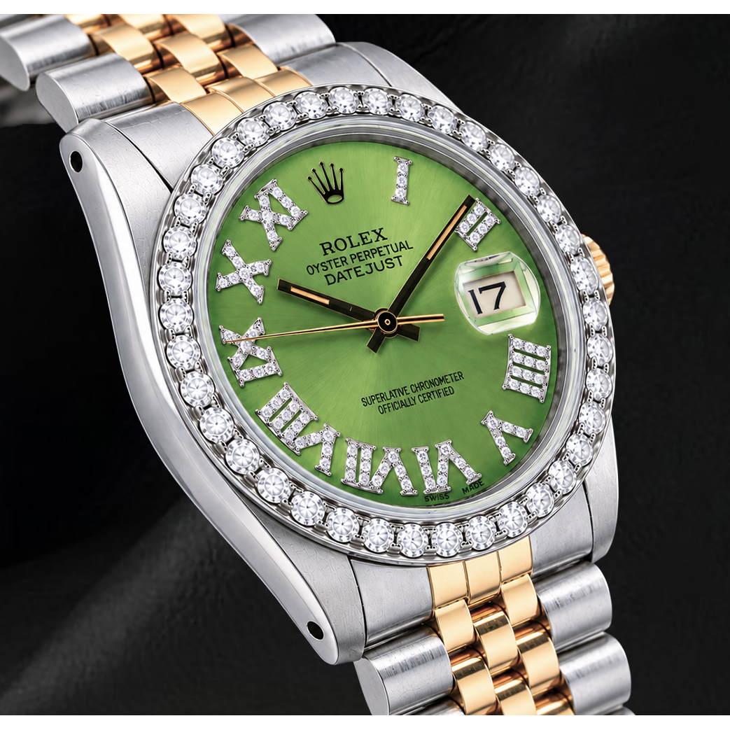 Rolex Datejust 1601 36mm Green Roman Diamond Dial Two Tone Watch
