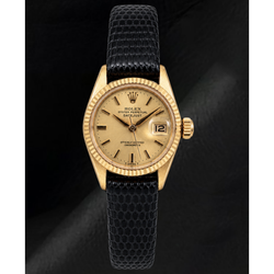 Rolex Datejust 26mm 6517 Champagne Dial Yellow Gold and Black Leather Strap Watch