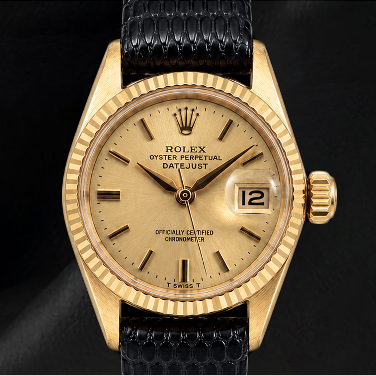 Rolex Datejust 26mm 6517 Champagne Dial Yellow Gold and Black Leather Strap Watch