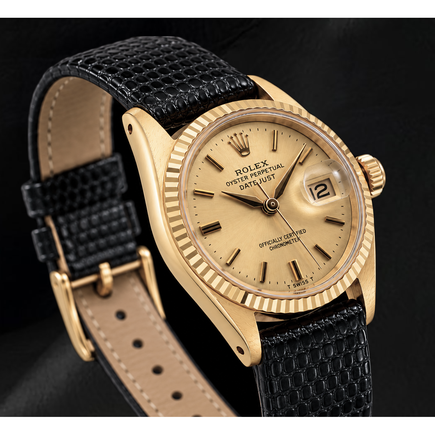 Rolex Datejust 26mm 6517 Champagne Dial Yellow Gold and Black Leather Strap Watch