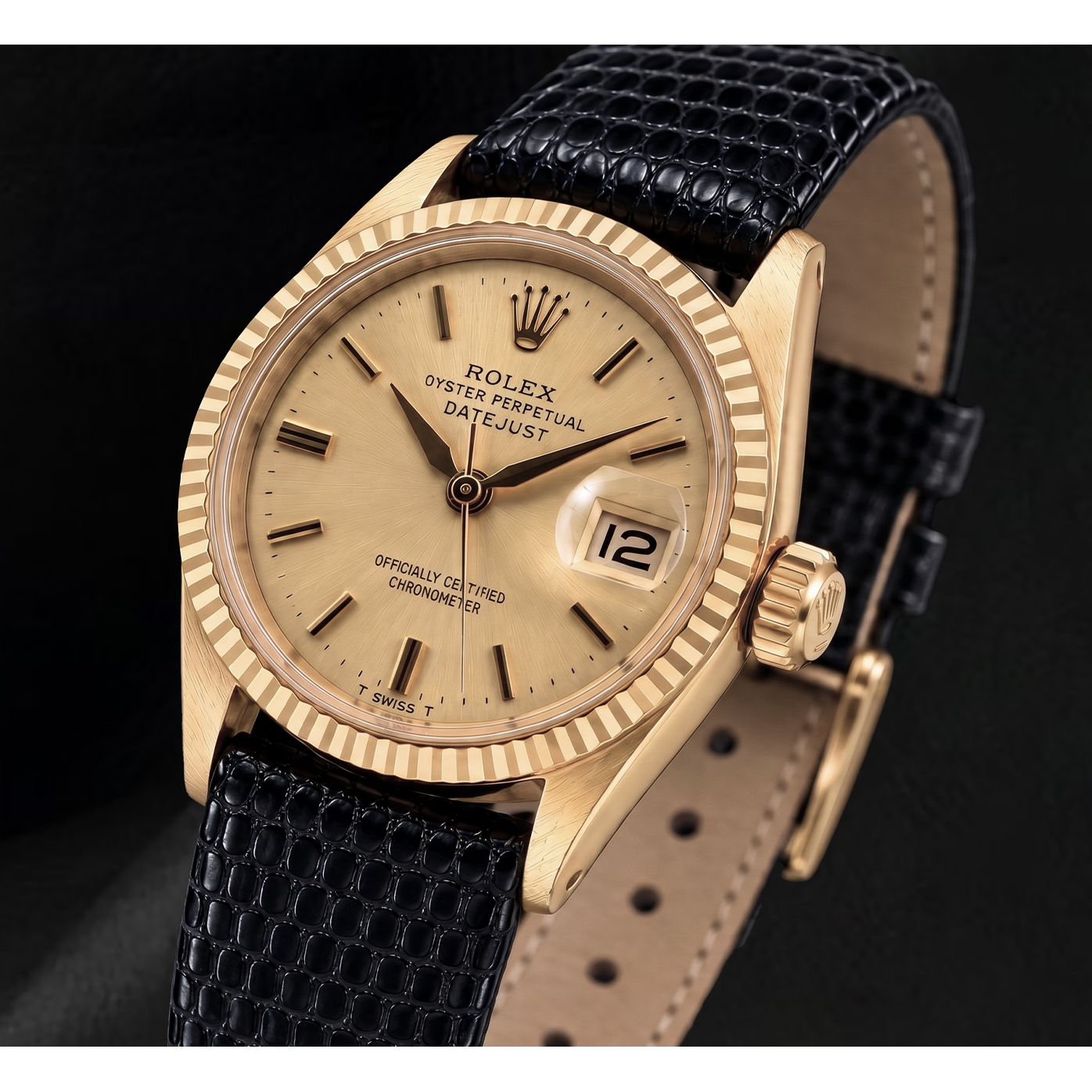 Rolex Datejust 26mm 6517 Champagne Dial Yellow Gold and Black Leather Strap Watch