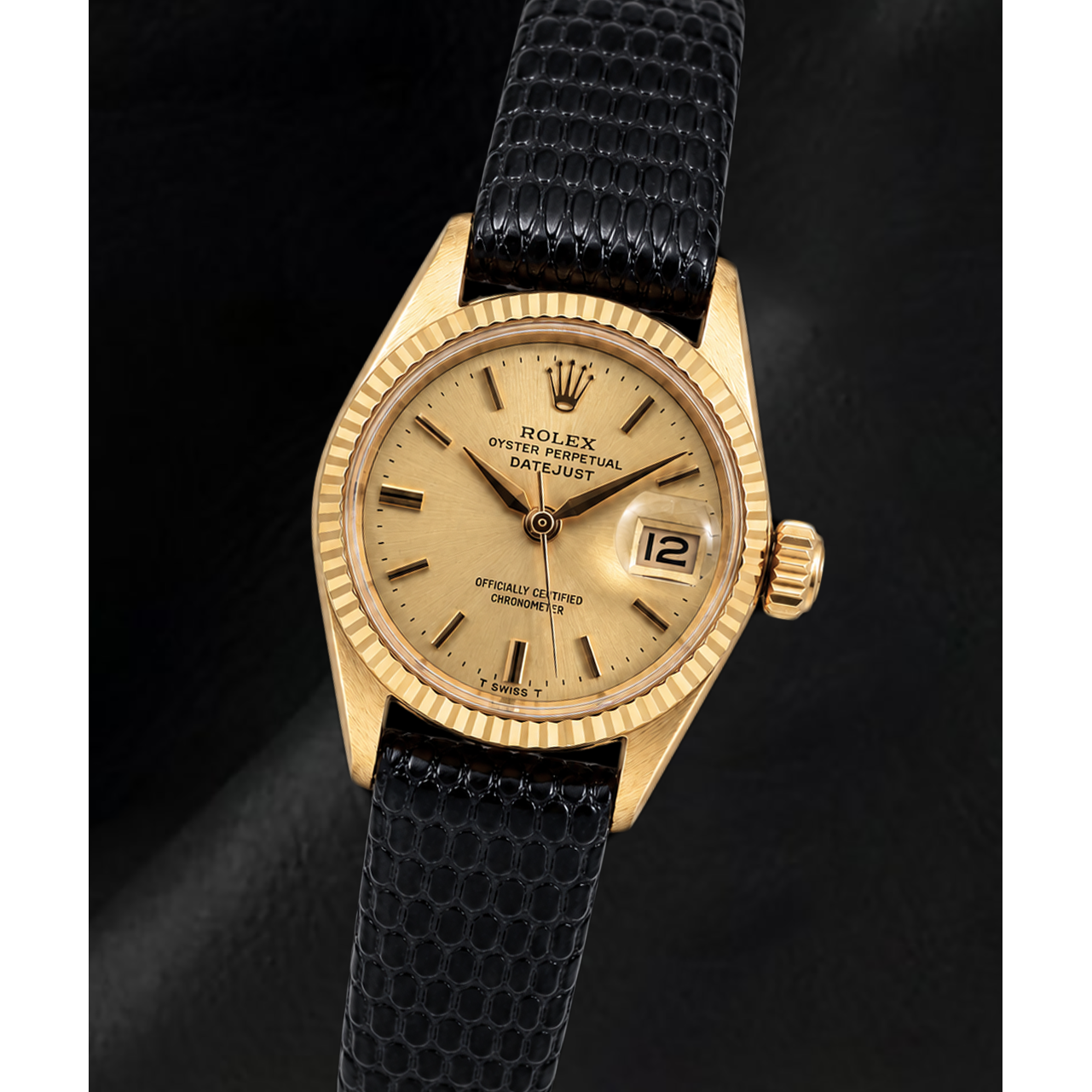 Rolex Datejust 26mm 6517 Champagne Dial Yellow Gold and Black Leather Strap Watch