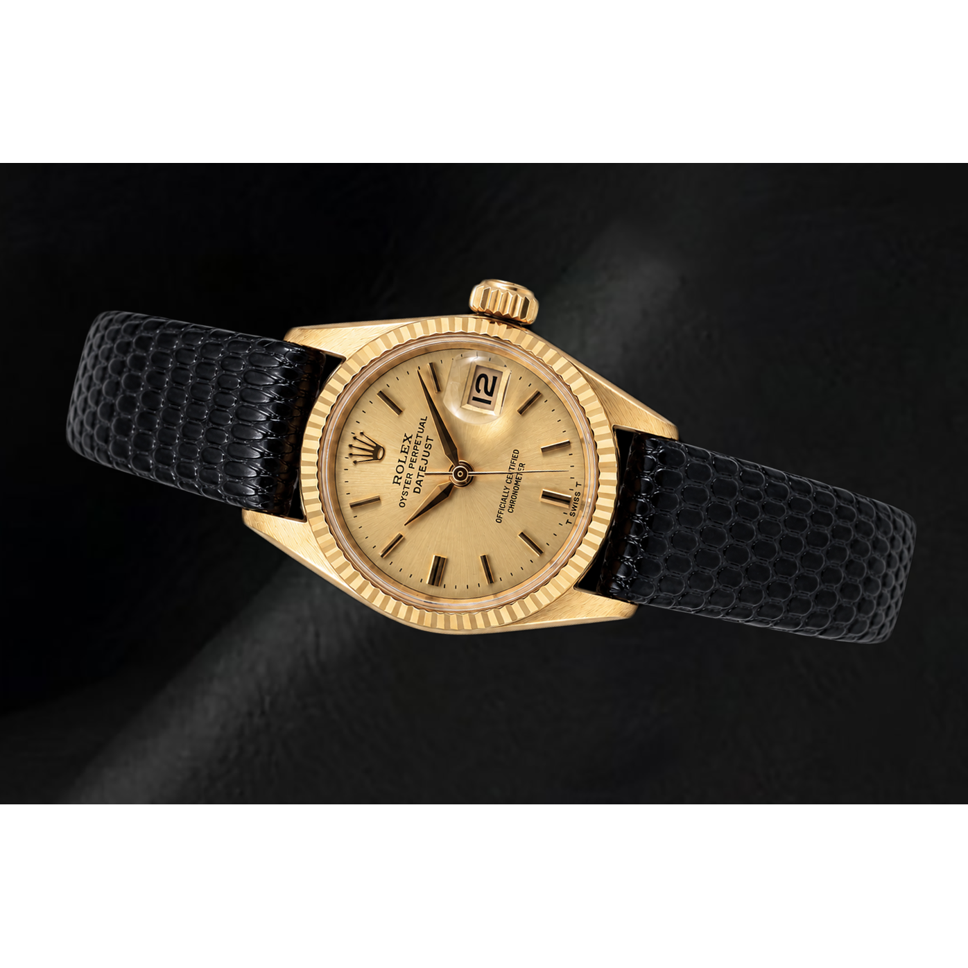 Rolex Datejust 26mm 6517 Champagne Dial Yellow Gold and Black Leather Strap Watch