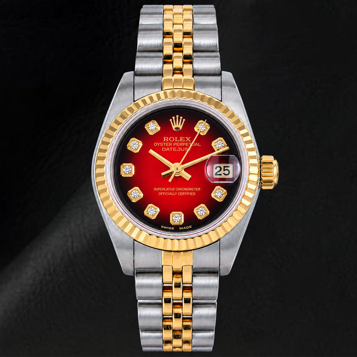 Rolex Datejust 26mm 69173 Red Diamond Dial Fluted Bezel Two Tone Watch