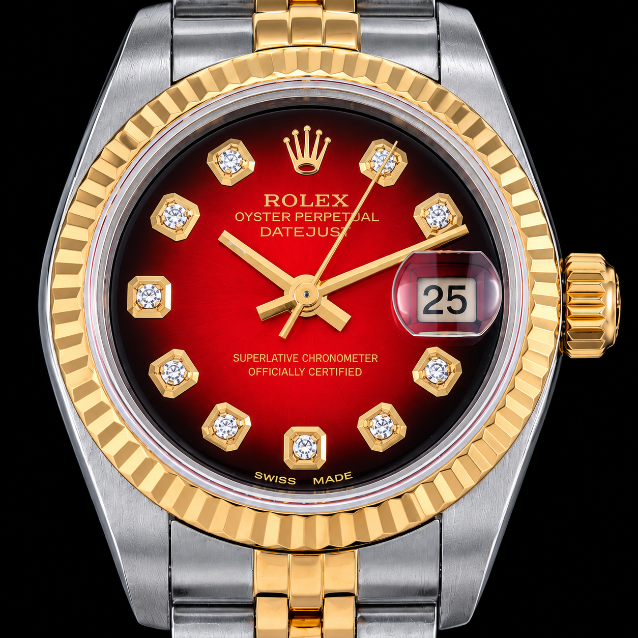 Rolex Datejust 26mm 69173 Red Diamond Dial Fluted Bezel Two Tone Watch