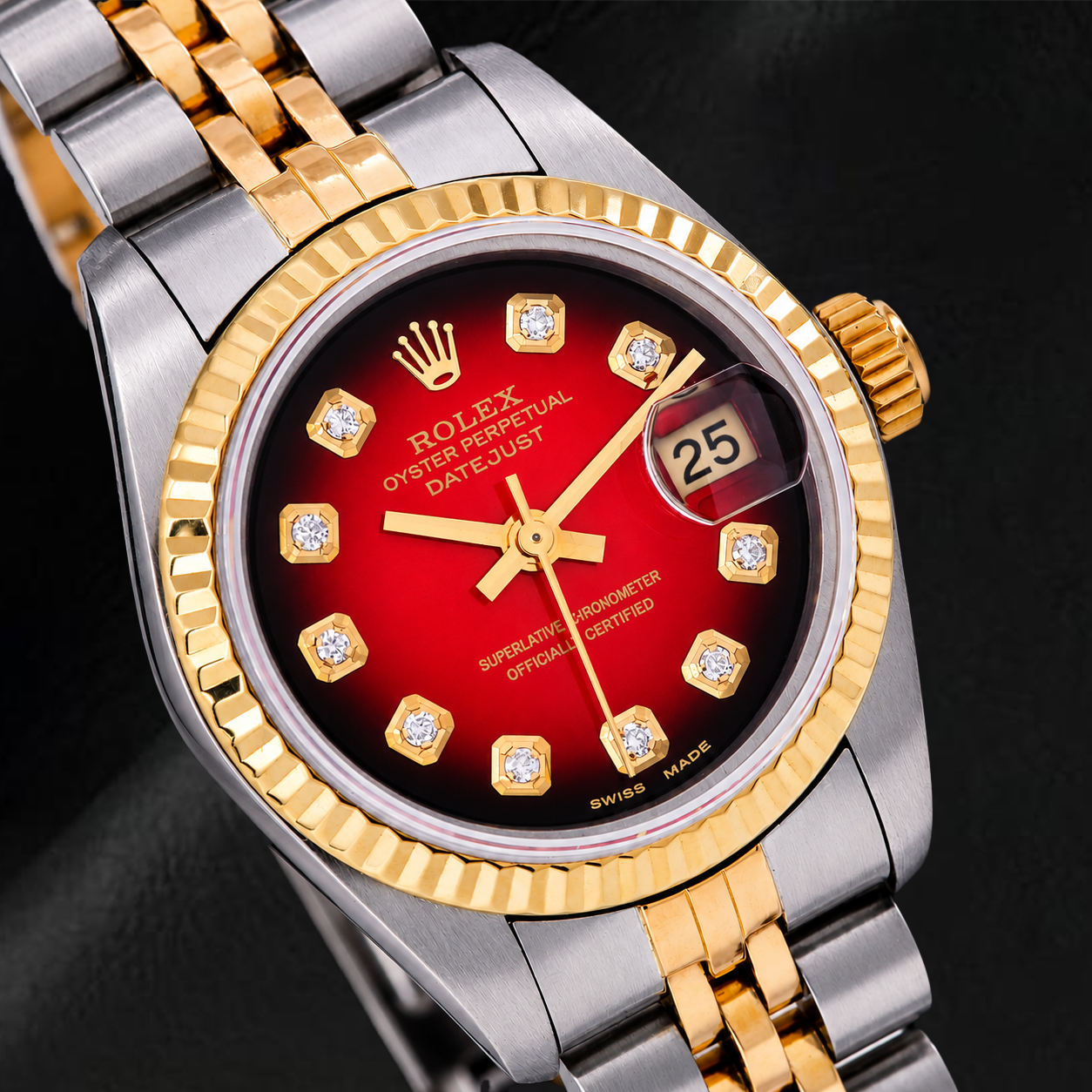 Rolex Datejust 26mm 69173 Red Diamond Dial Fluted Bezel Two Tone Watch