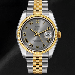 Rolex Datejust 36mm 116233 Gray Roman Dial Fluted Bezel Watch Two Tone Jubilee Bracelet