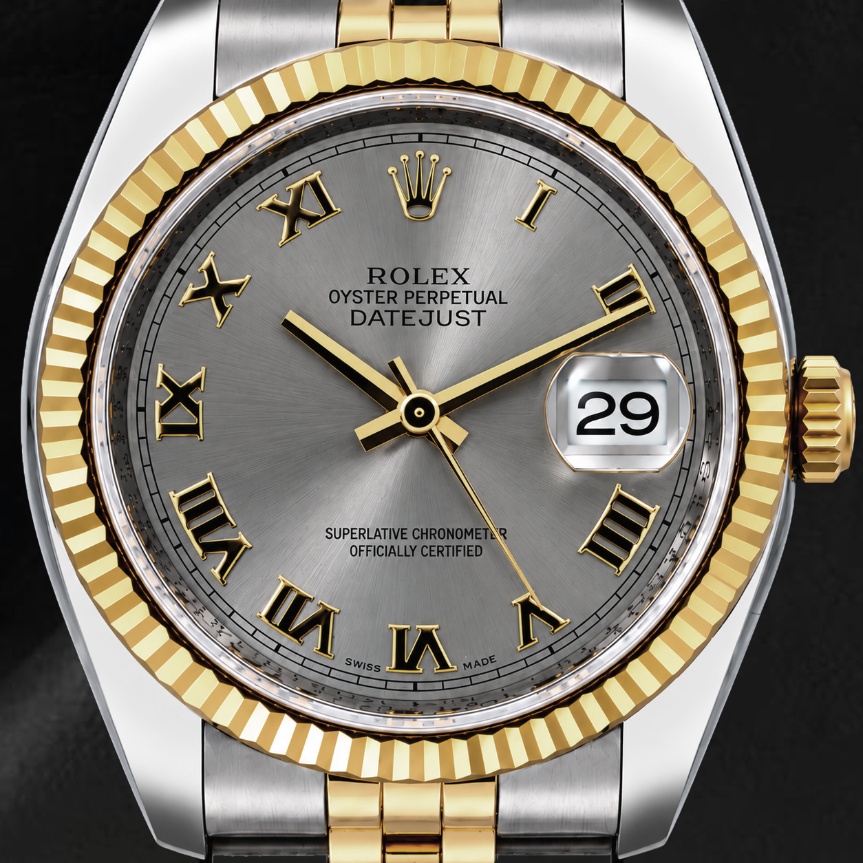 Rolex Datejust 36mm 116233 Gray Roman Dial Fluted Bezel Watch Two Tone Jubilee Bracelet