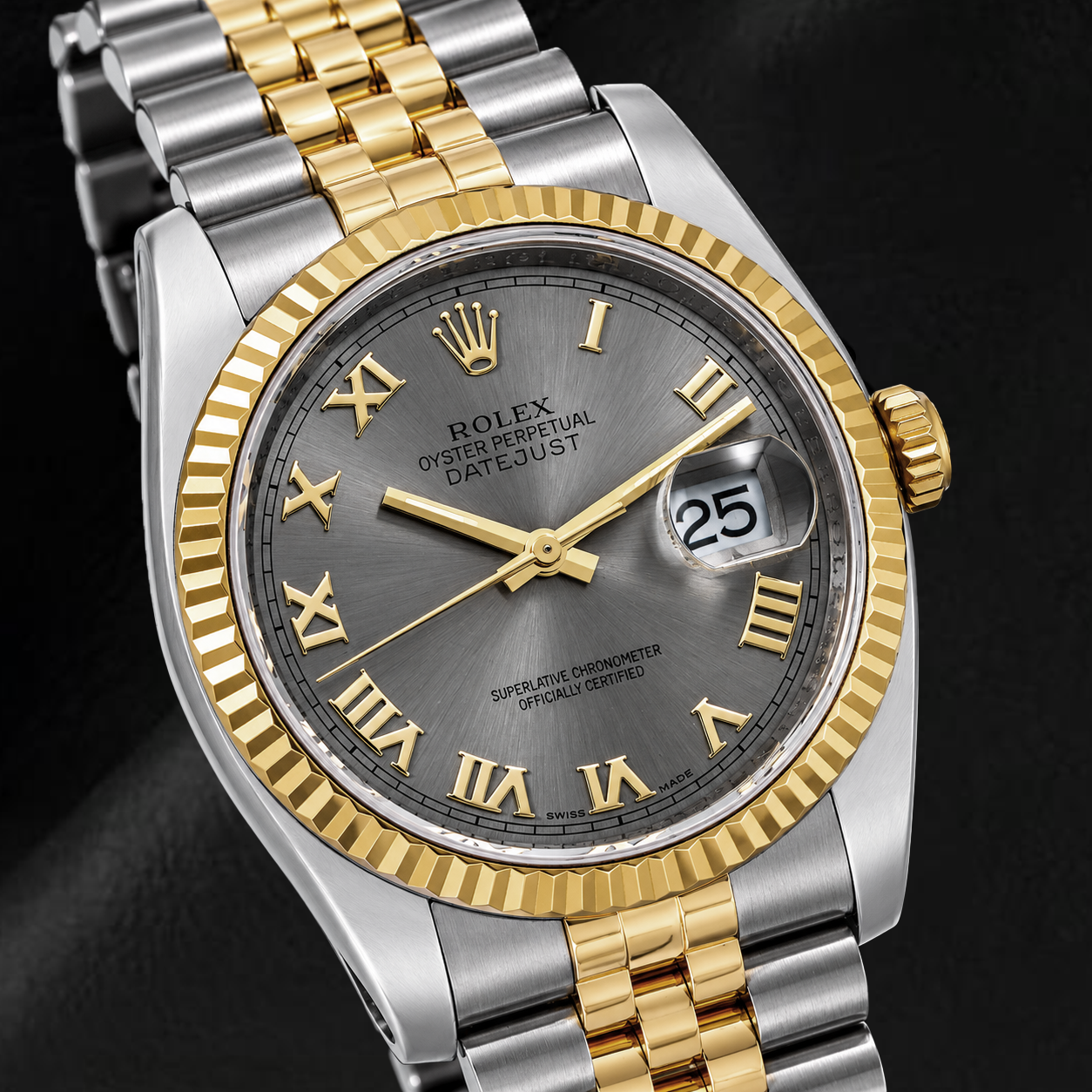 Rolex Datejust 36mm 116233 Gray Roman Dial Fluted Bezel Watch Two Tone Jubilee Bracelet