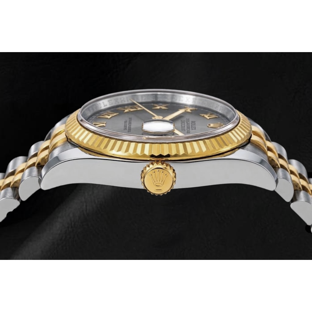 Rolex Datejust 36mm 116233 Gray Roman Dial Fluted Bezel Watch Two Tone Jubilee Bracelet