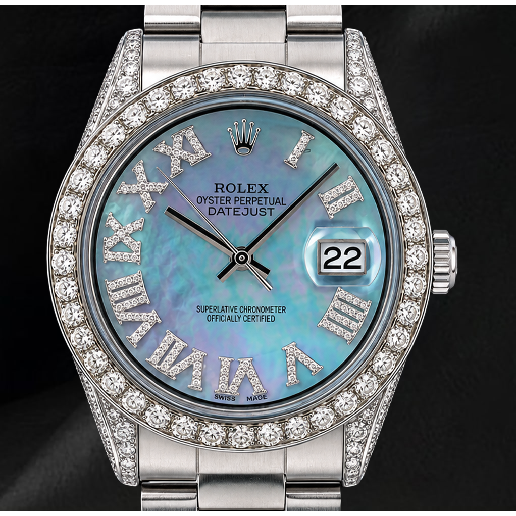 Rolex Datejust 36mm 1601 Blue Mother of Pearl Roman Diamond Dial Stainless Steel Watch