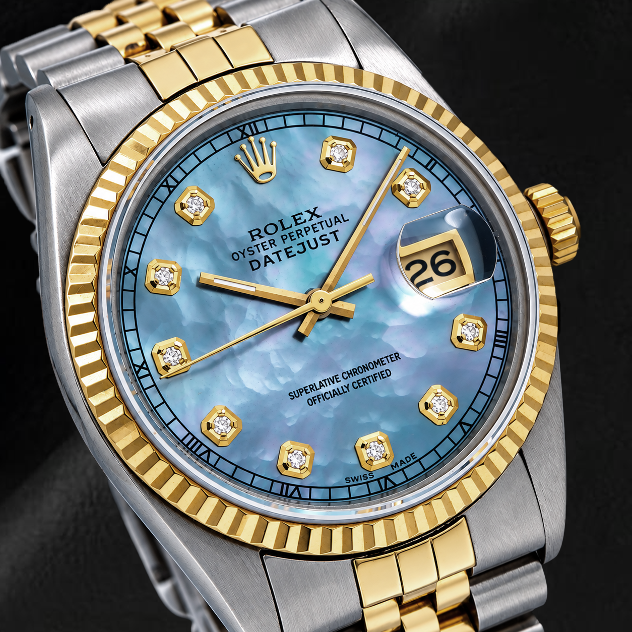 Rolex Datejust 36mm 16233 Blue Mother of Pearl Diamond Dial Two Tone Watch