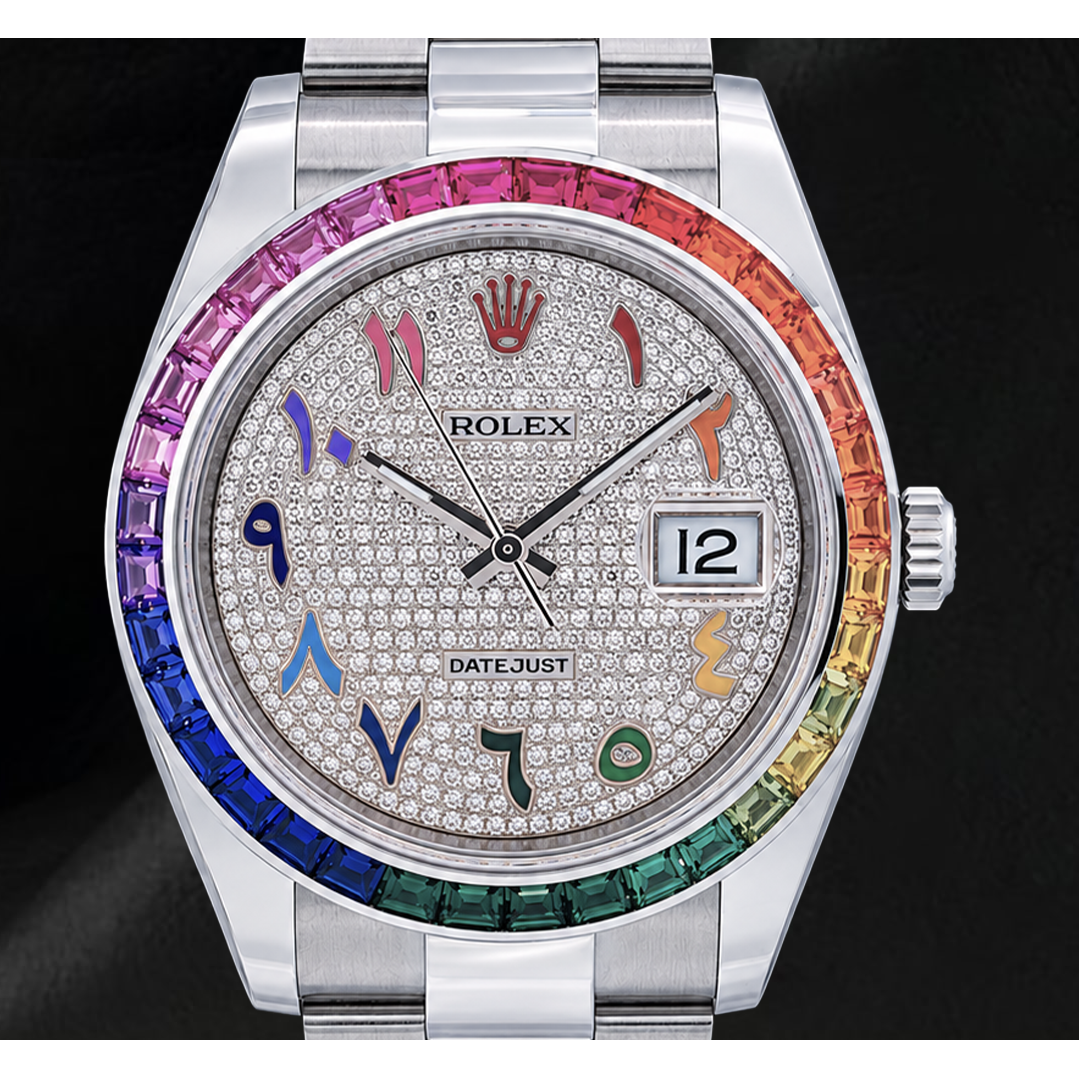Rolex Datejust 41mm 126300 Diamond Paved Rainbow Eastern Arabic Dial Stainless Steel Watch