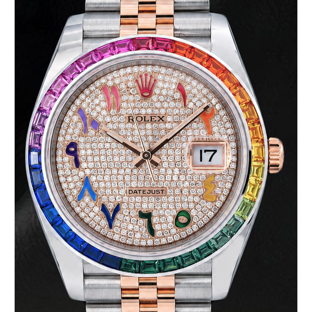 Rolex Datejust 41mm 126331 Diamond Paved Rainbow Eastern Arabic Dial Two Tone Watch