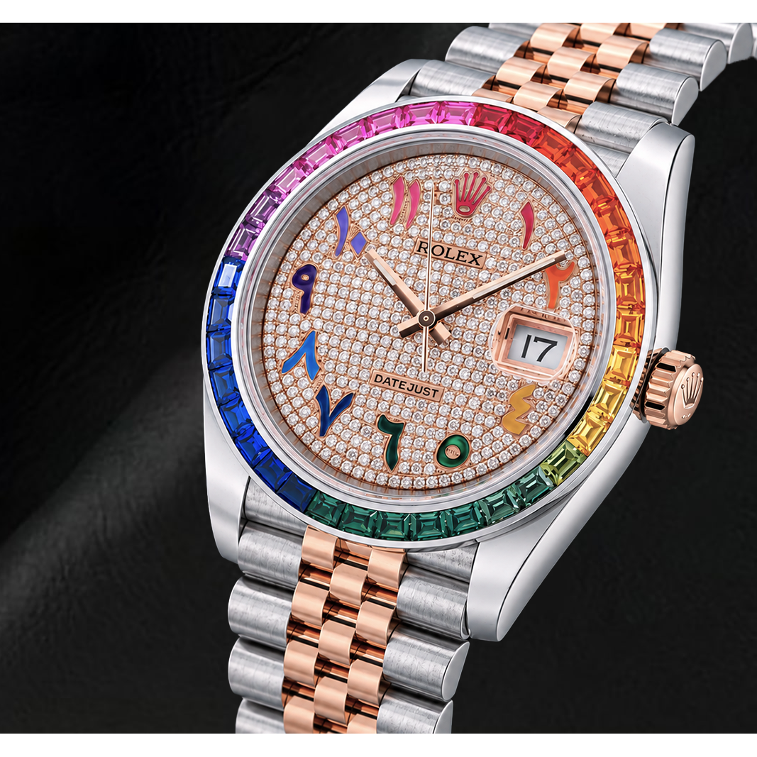 Rolex Datejust 41mm 126331 Diamond Paved Rainbow Eastern Arabic Dial Two Tone Watch