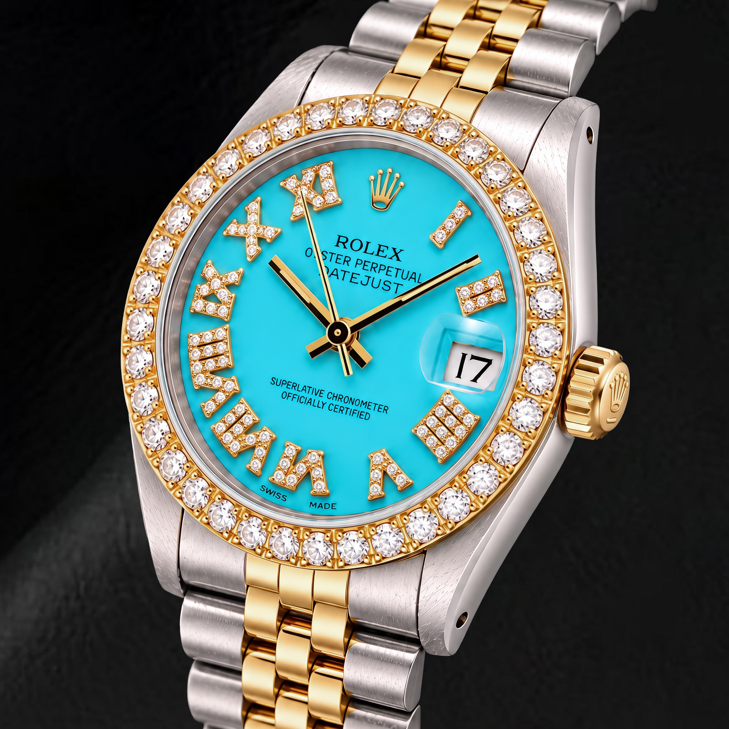 Rolex Datejust 6827 31mm Turquoise Roman Diamond Dial Two Tone Watch