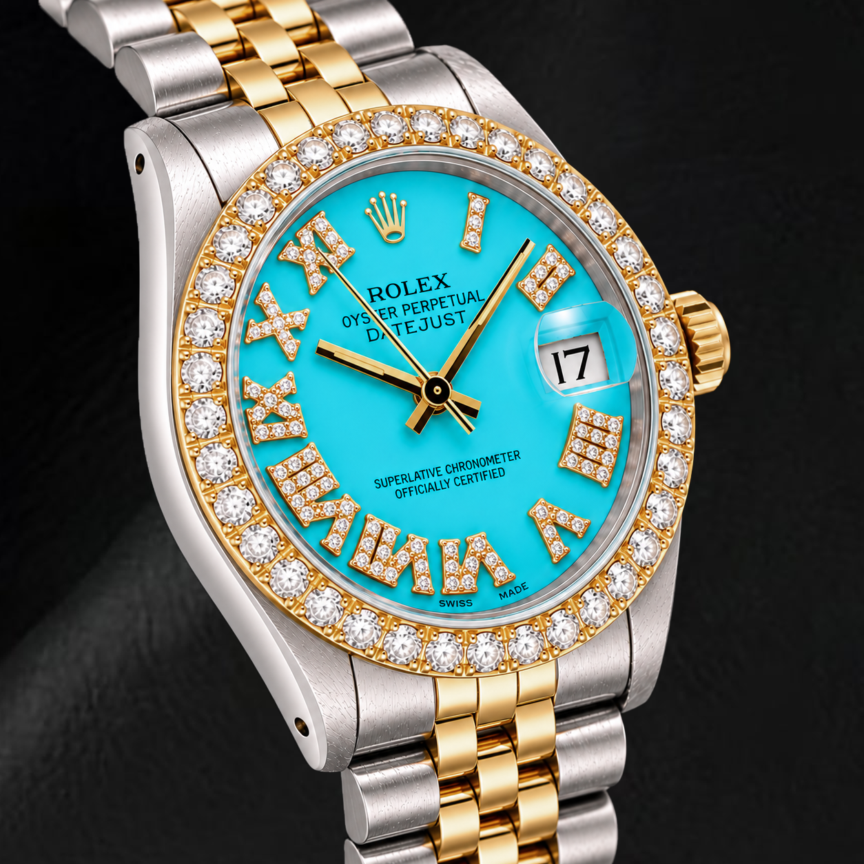 Rolex Datejust 6827 31mm Turquoise Roman Diamond Dial Two Tone Watch
