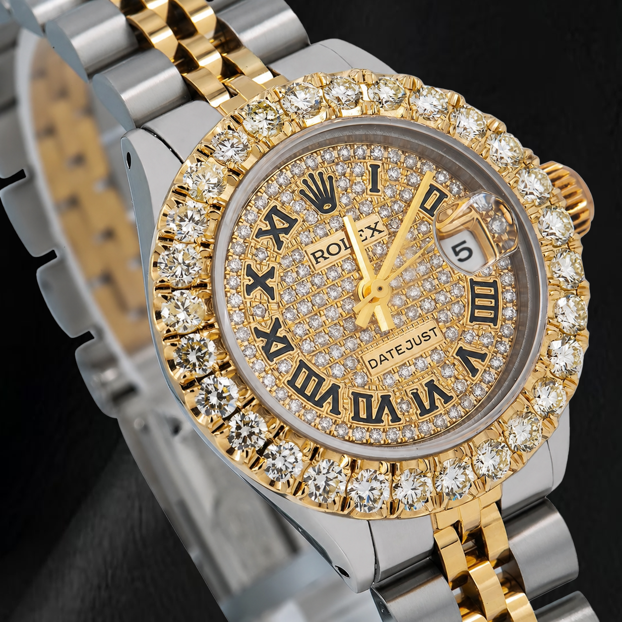 Rolex Datejust 69173 26mm Paved Diamond Roman Dial Two Tone Jubilee Bracelet Watch