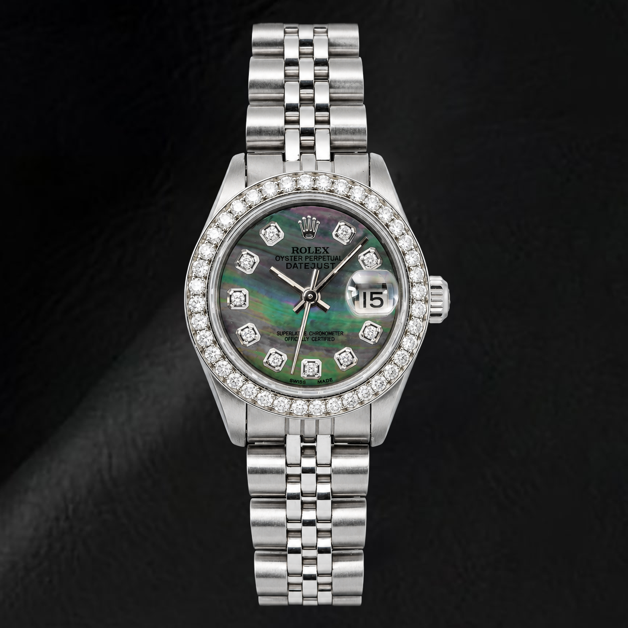 Rolex Datejust 69174 26mm Black Mother of Pearl Diamond Dial Stainless Steel Watch