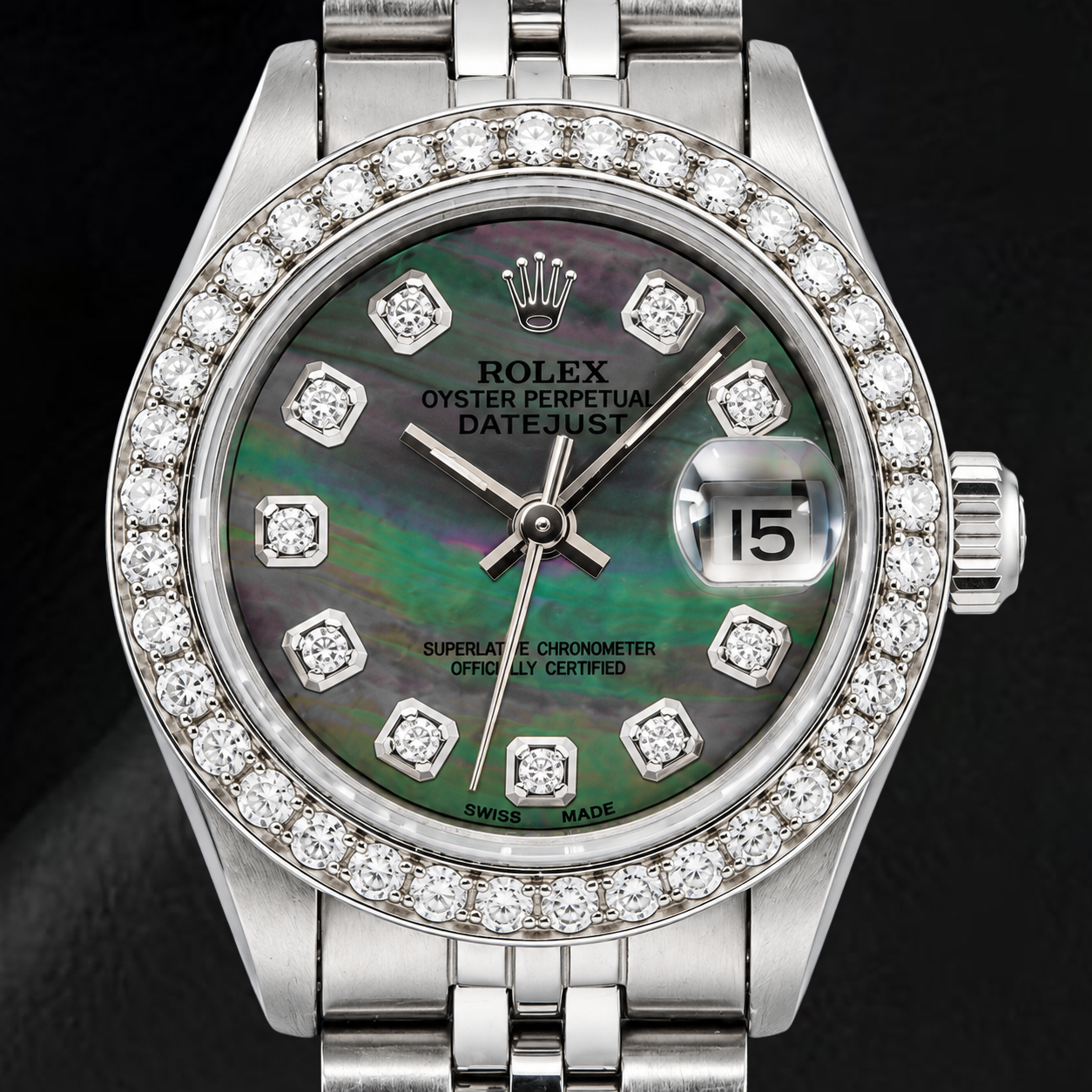 Rolex Datejust 69174 26mm Black Mother of Pearl Diamond Dial Stainless Steel Watch