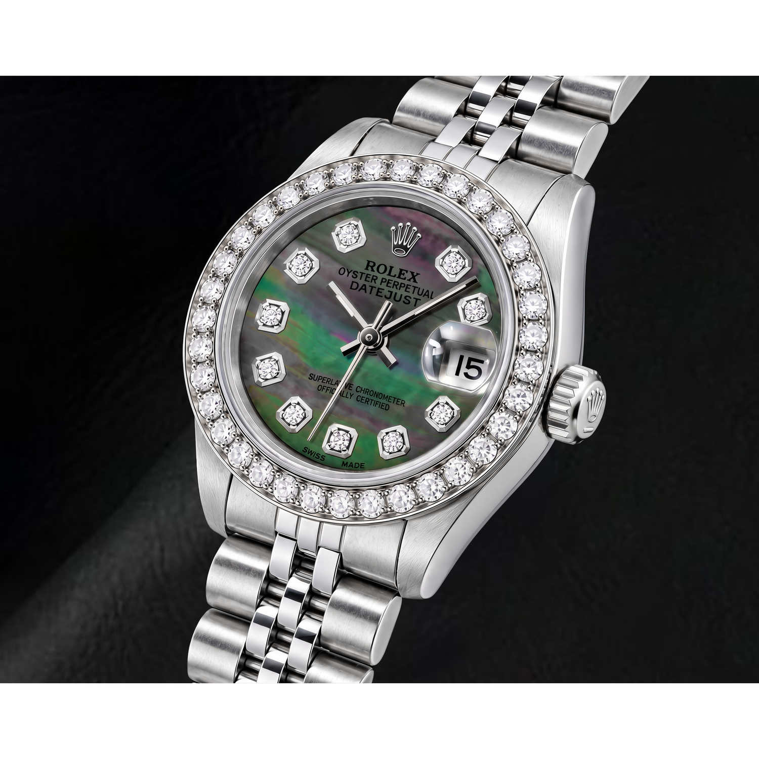 Rolex Datejust 69174 26mm Black Mother of Pearl Diamond Dial Stainless Steel Watch