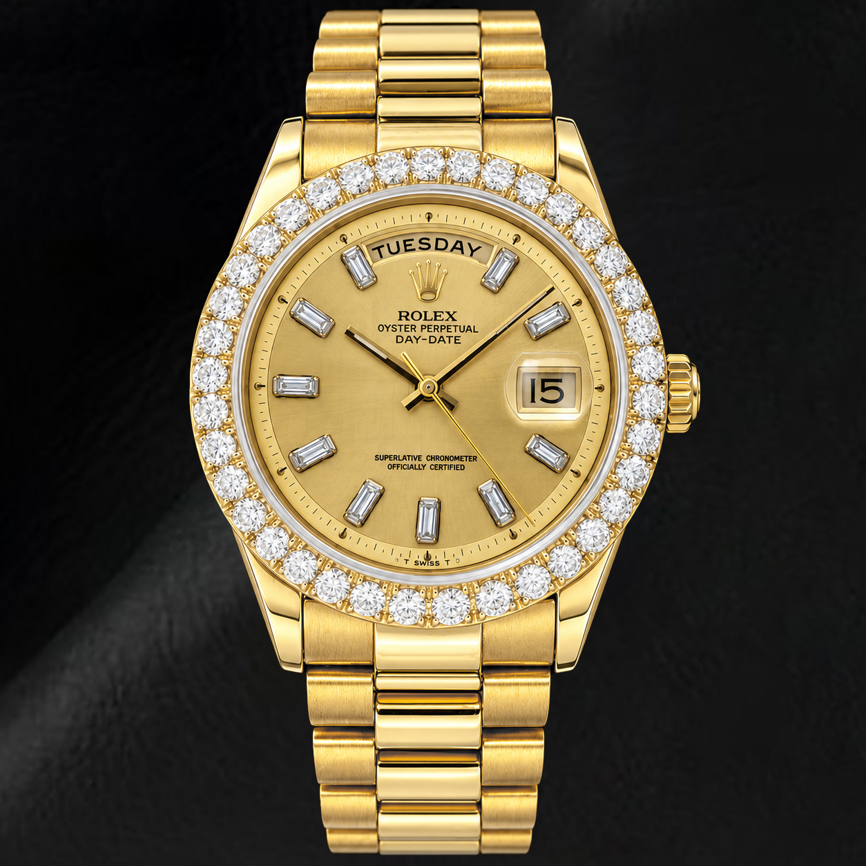Rolex Day-Date 1803 36mm Champagne Linen Baguette Diamond Dial Yellow Gold Watch