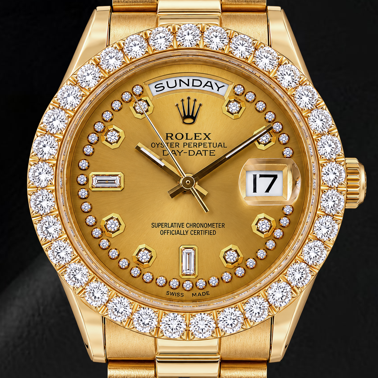 Rolex Day-Date 18038 36mm Champagne String Diamond Dial Yellow Gold Watch