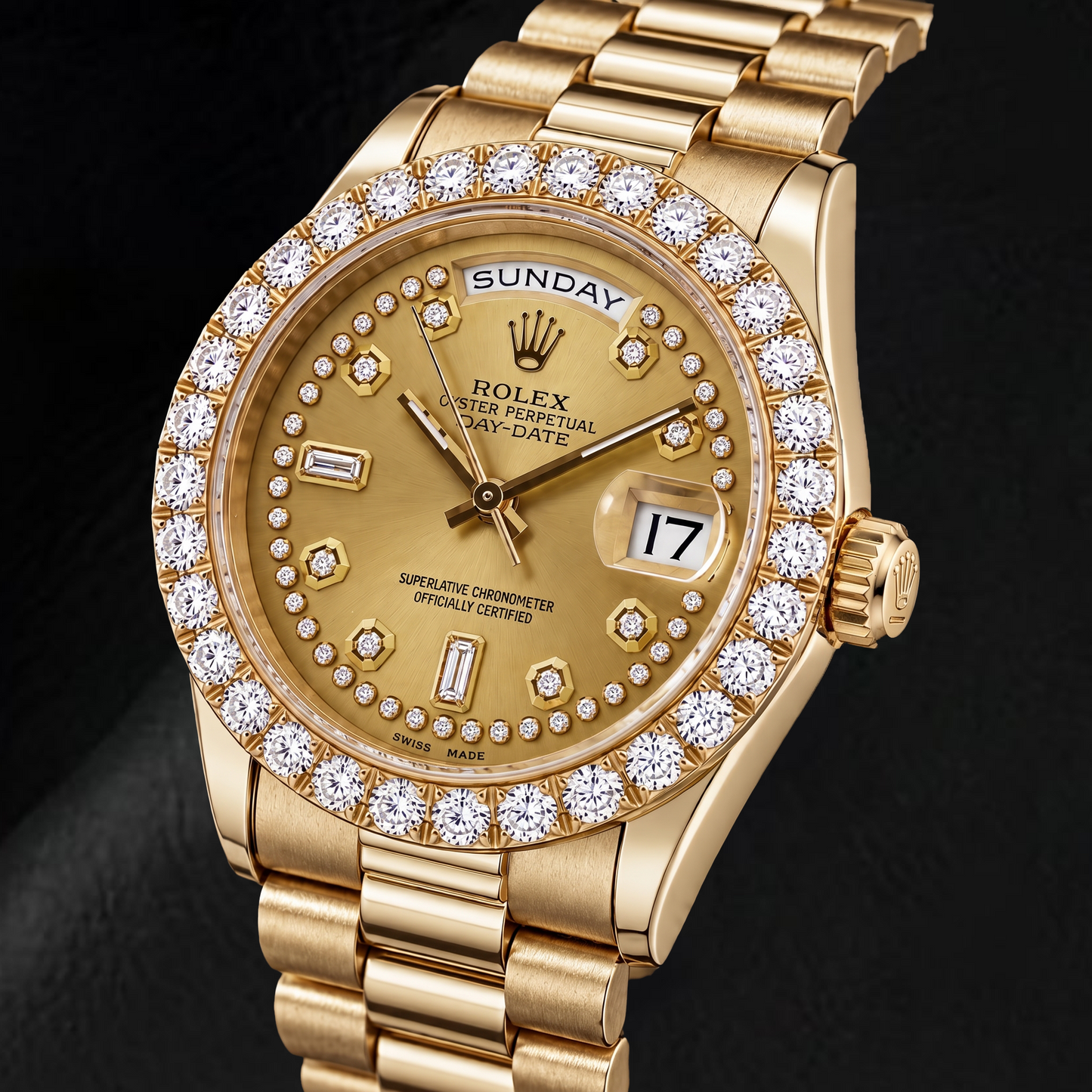 Rolex Day-Date 18038 36mm Champagne String Diamond Dial Yellow Gold Watch