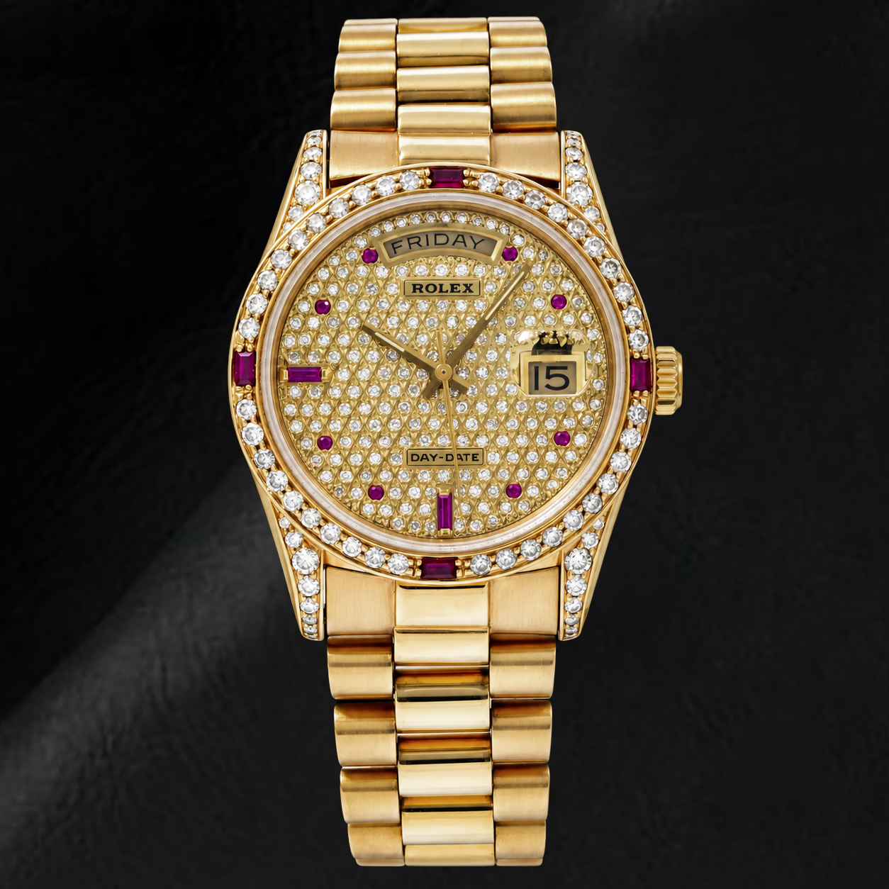 Rolex Day-Date 18038 36mm Diamond Paved Dial Yellow Gold Watch
