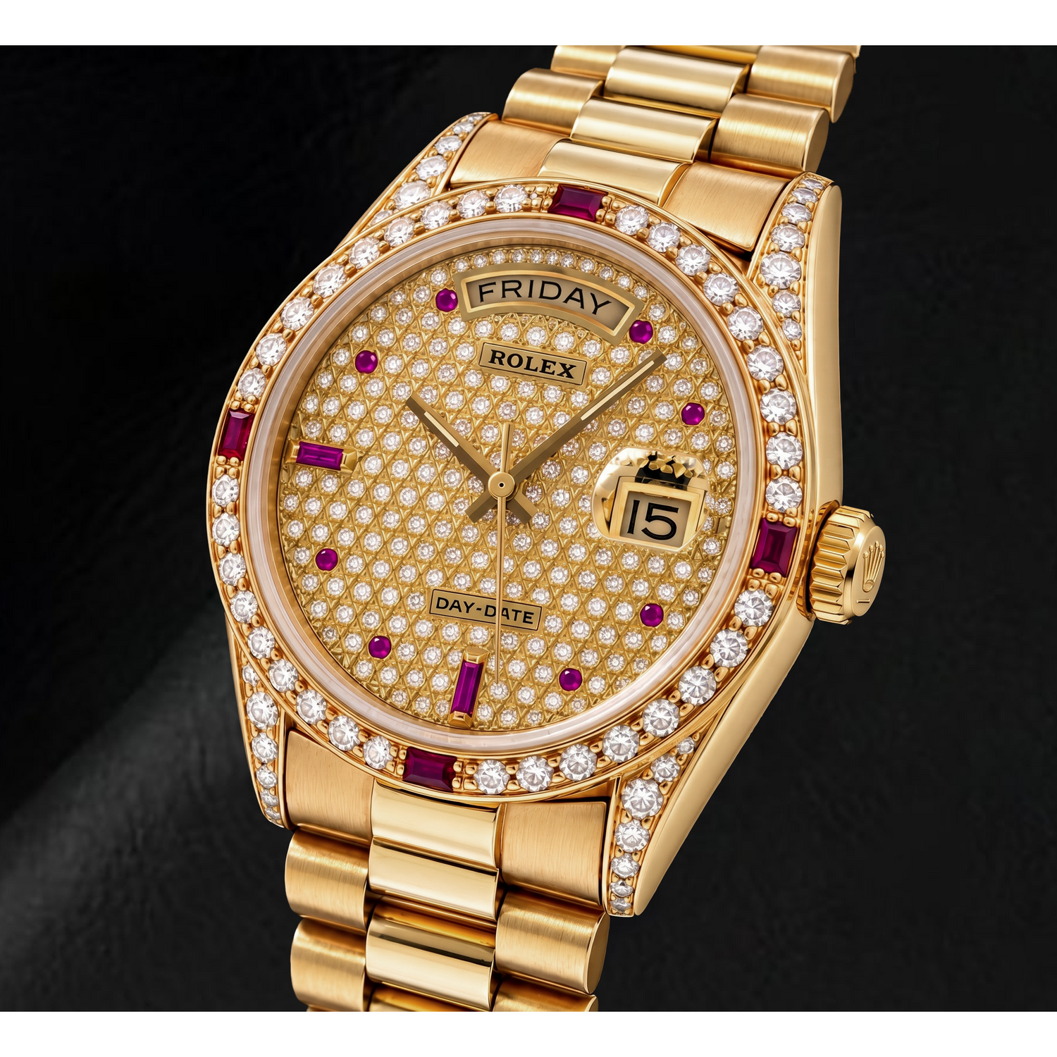Rolex Day-Date 18038 36mm Diamond Paved Dial Yellow Gold Watch