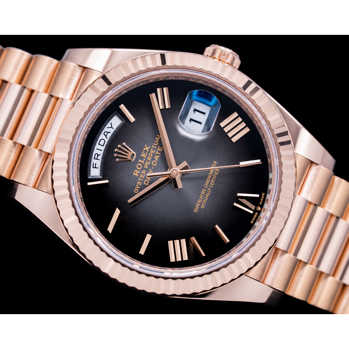 Rolex Day Date 228235 40mm Black Roman Dial Rose Gold Watch