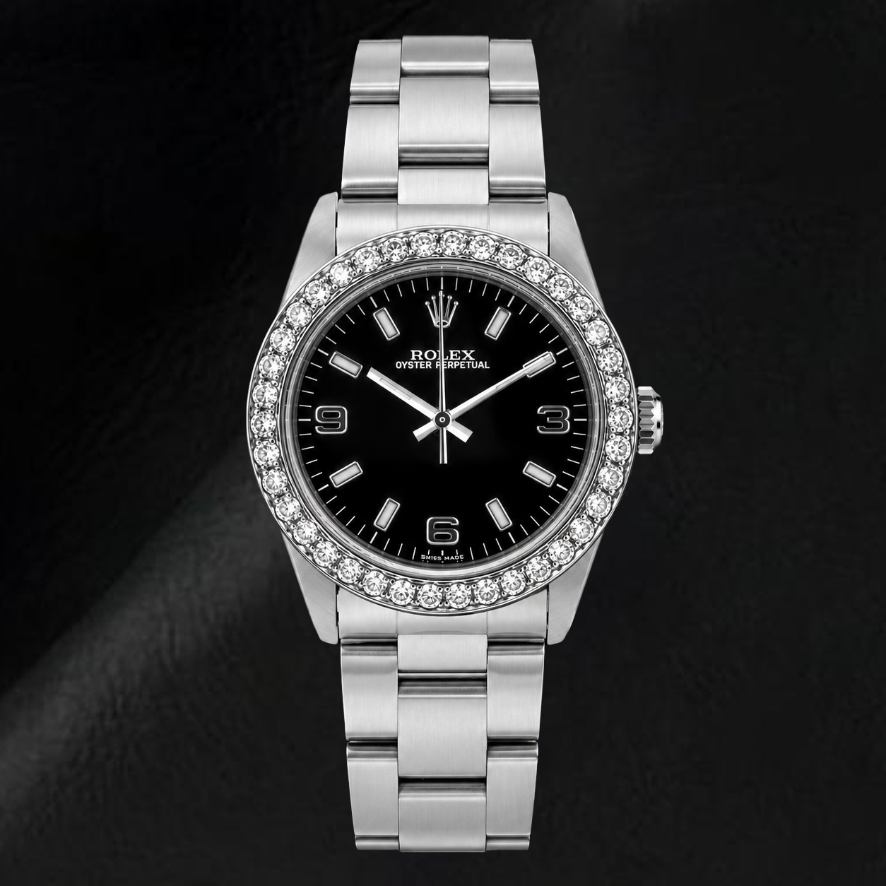 Rolex Oyster Perpetual 26mm 76030 Black Arabic Dial Diamond Bezel Watch