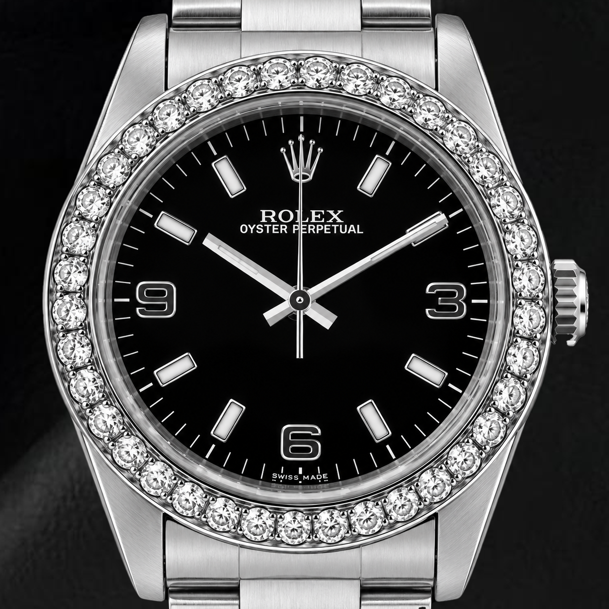 Rolex Oyster Perpetual 26mm 76030 Black Arabic Dial Diamond Bezel Watch