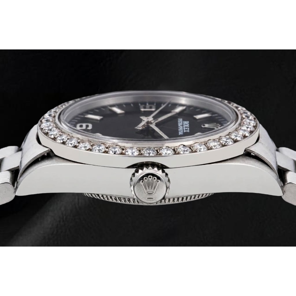 Rolex Oyster Perpetual 26mm 76030 Black Arabic Dial Diamond Bezel Watch