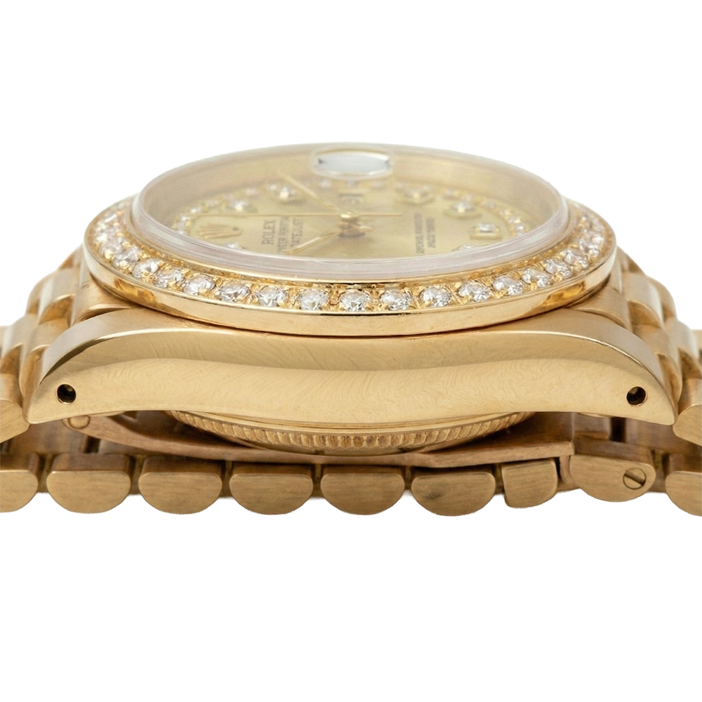 Rolex President Style Champagne String Dial Watch Yg Diamond Bezel