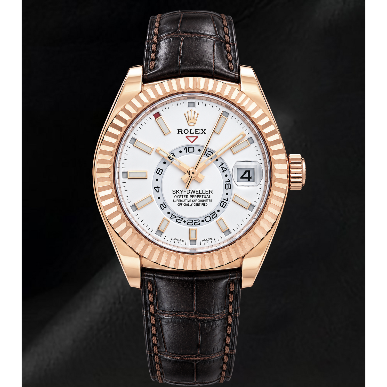 Rolex Sky Dweller 326135 42mm White Dial Rose Gold and Brown Leather Strap Watch
