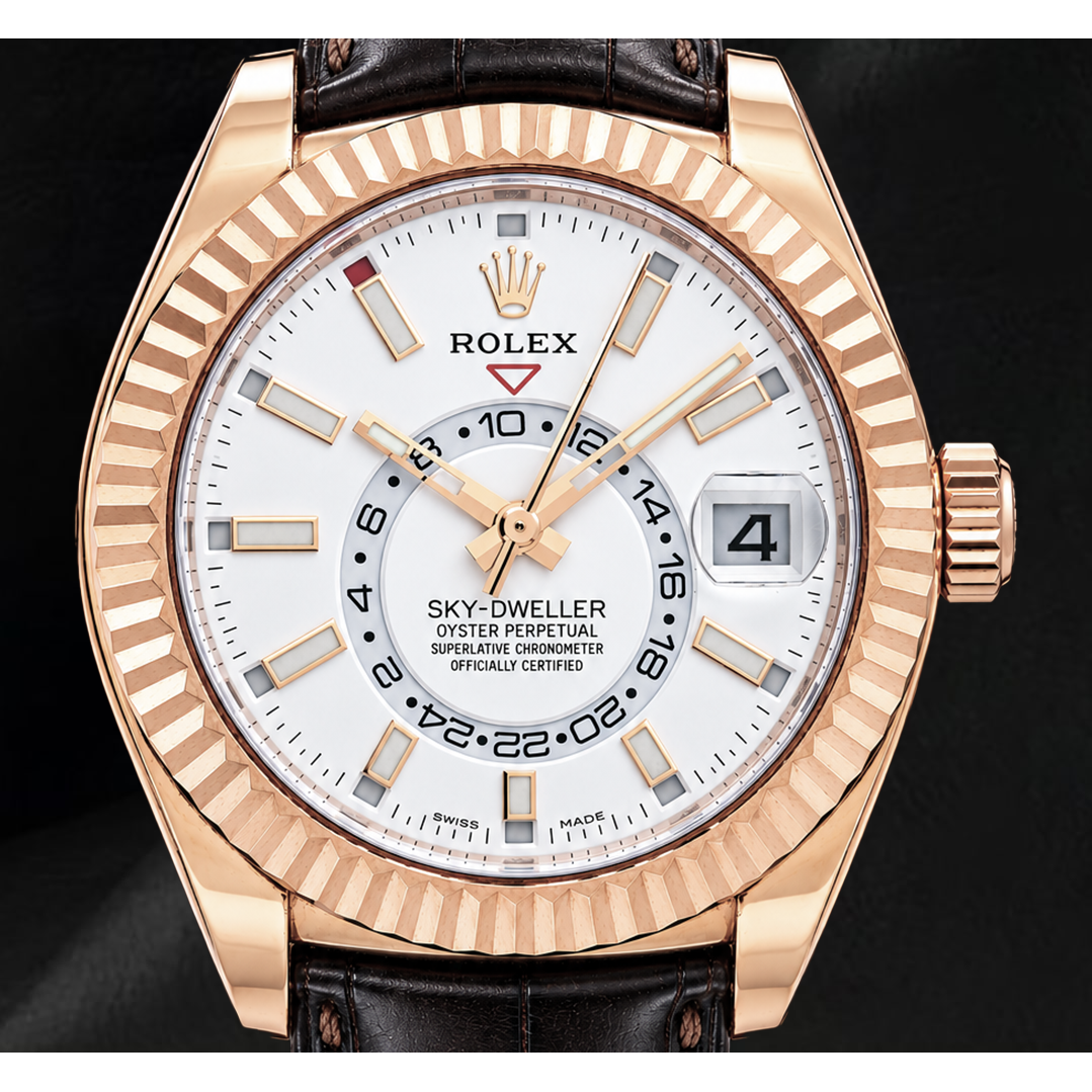 Rolex Sky Dweller 326135 42mm White Dial Rose Gold and Brown Leather Strap Watch