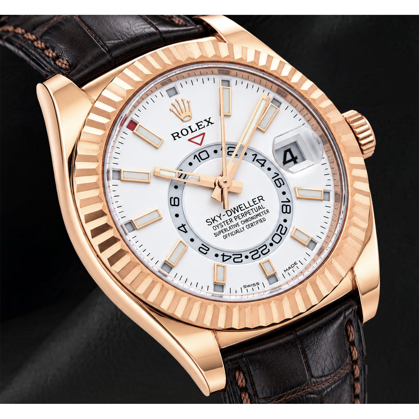 Rolex Sky Dweller 326135 42mm White Dial Rose Gold and Brown Leather Strap Watch