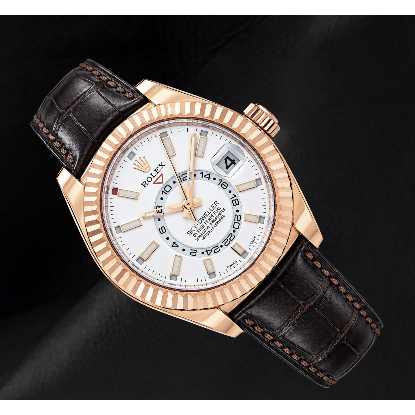 Rolex Sky Dweller 326135 42mm White Dial Rose Gold and Brown Leather Strap Watch