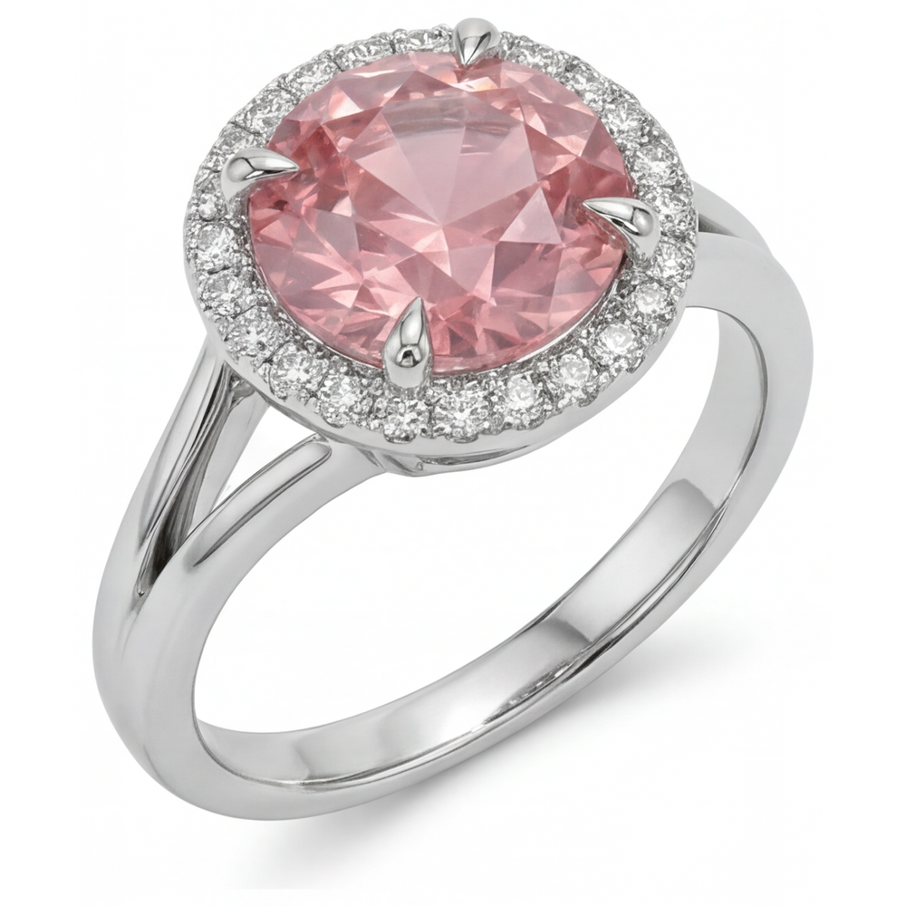Padparadscha Ring 4.3 Carat Lab Grown Round Sapphire Halo 14K White Gold