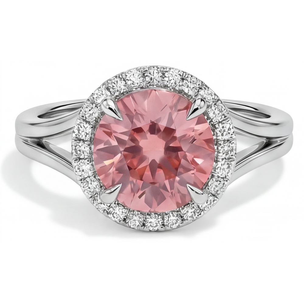 Padparadscha Ring 4.3 Carat Lab Grown Round Sapphire Halo 14K White Gold