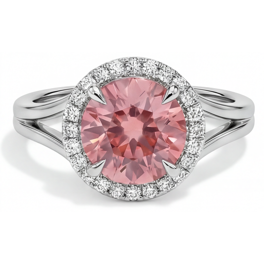 Padparadscha Ring 4.3 Carat Lab Grown Round Sapphire Halo 14K White Gold