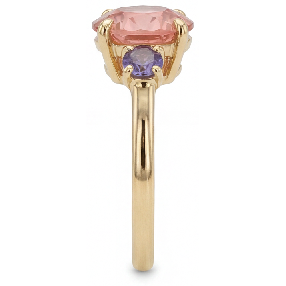 Antique Padparadscha Sapphire Ring 4.8 Carat Lab Grown Round Three Stone 14K Yellow Gold