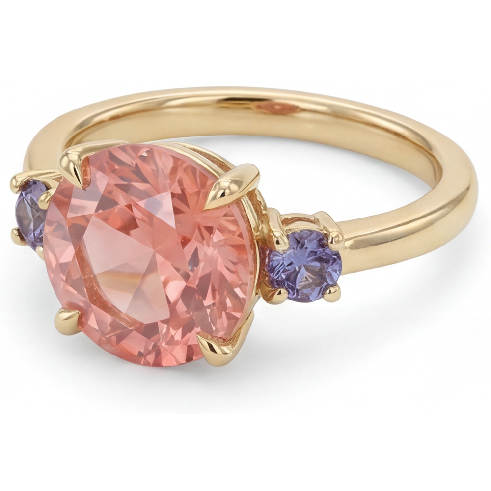 Antique Padparadscha Sapphire Ring 4.8 Carat Lab Grown Round Three Stone 14K Yellow Gold