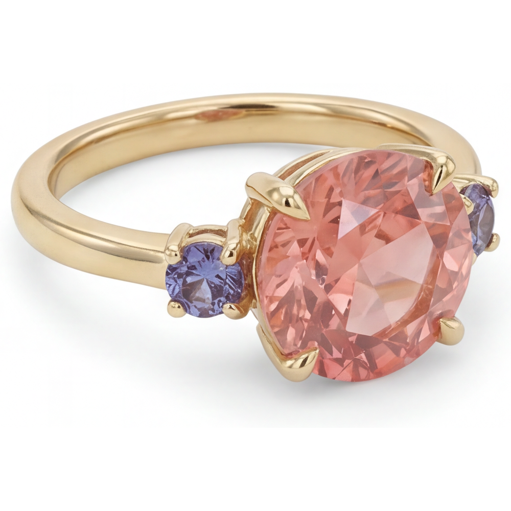 Antique Padparadscha Sapphire Ring 4.8 Carat Lab Grown Round Three Stone 14K Yellow Gold