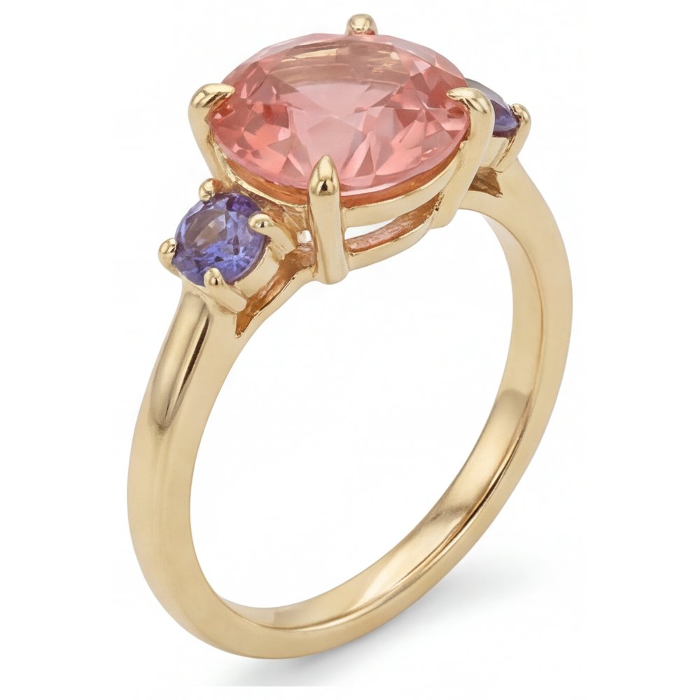 Antique Padparadscha Sapphire Ring 4.8 Carat Lab Grown Round Three Stone 14K Yellow Gold