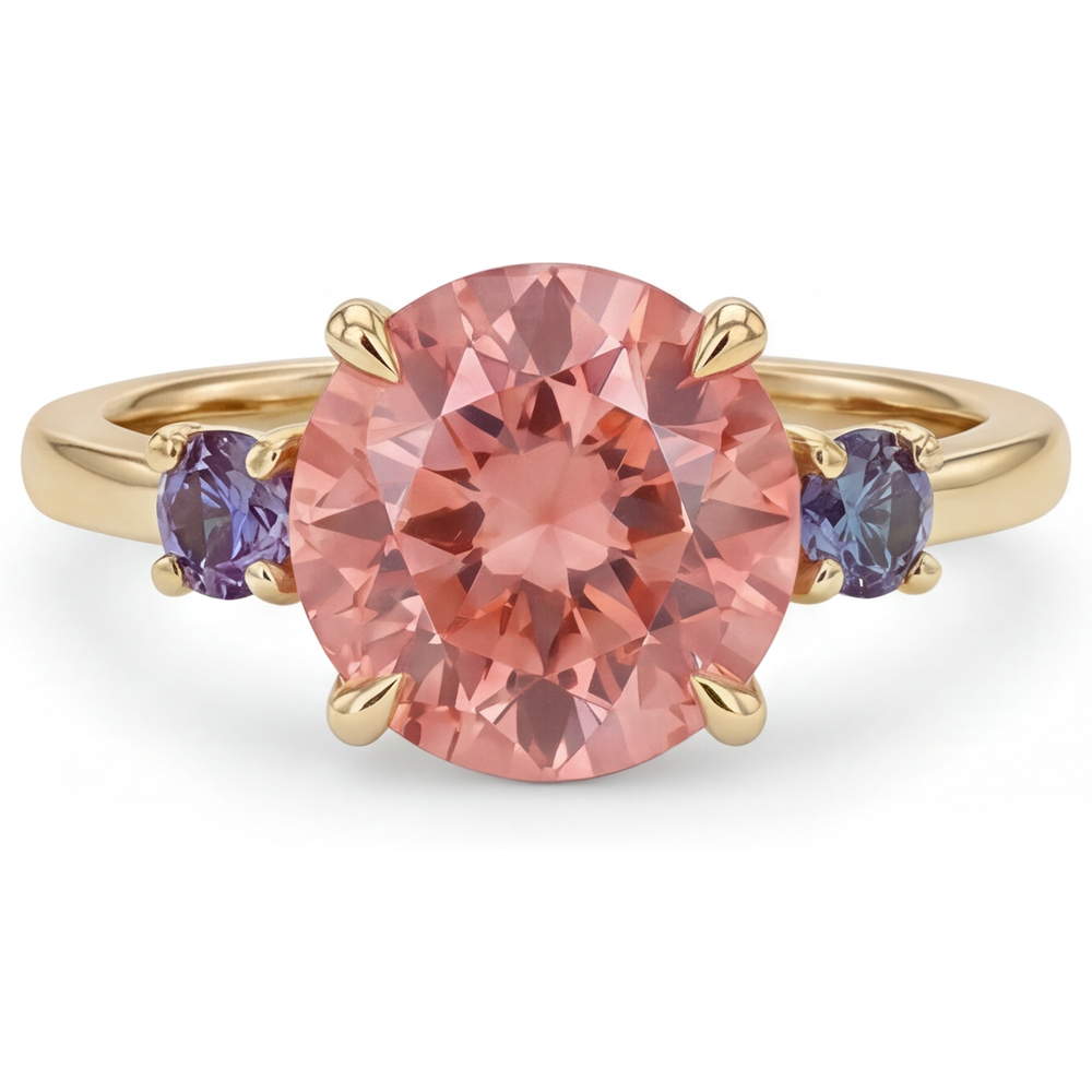 Antique Padparadscha Sapphire Ring 4.8 Carat Lab Grown Round Three Stone 14K Yellow Gold