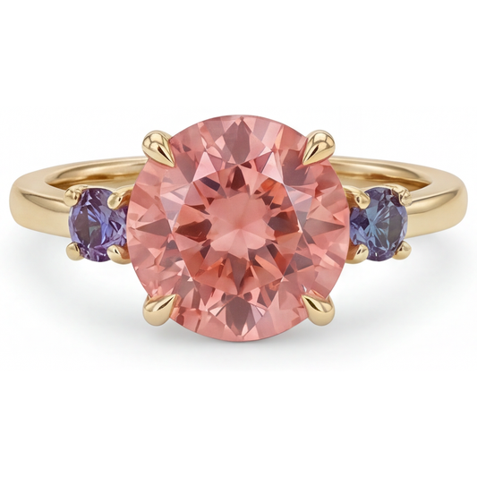 Antique Padparadscha Sapphire Ring 4.8 Carat Lab Grown Round Three Stone 14K Yellow Gold